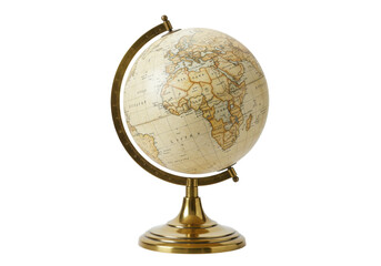 Isolated antique-style desk globe, geographical sphere on gold metal stand, world map display