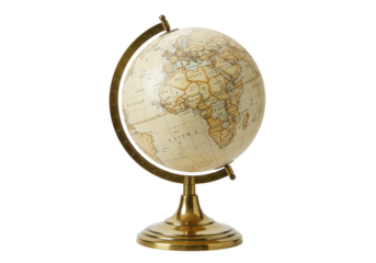 Isolated antique-style desk globe, geographical sphere on gold metal stand, world map display