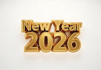 Elegant golden 3D text 'New Year 2026' with a soft shadow, isolated on a clean white background.