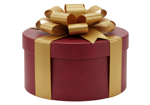 Isolated round present in maroon with gold ribbon and bow for a special occasion gift idea