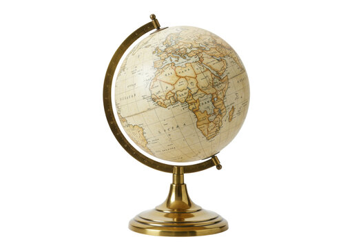 Isolated antique-style desk globe, geographical sphere on gold metal stand, world map display