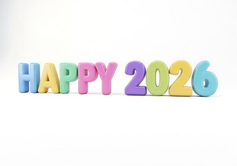 Colorful 3D letters spelling "Happy 2026" arranged in a row on a clean white background, celebrating the upcoming year.