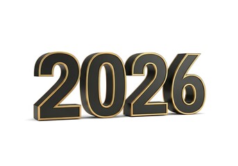 Three-dimensional rendering of the year 2026 in black with gold trim, isolated on a white background.