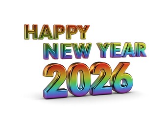 Happy New Year 2026 text in vibrant, 3D rainbow-colored metallic letters on a clean white background.