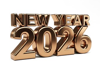 Bold, metallic 3D text proclaiming "NEW YEAR 2026" in a striking copper or bronze finish, set against a clean white background, symbolizing the upcoming year.