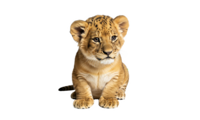 A cute lion cub sitting calmly with soft fur and bright eyes