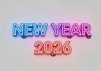 Neon sign displaying "NEW YEAR 2026" in vibrant, colorful illumination against a plain background.