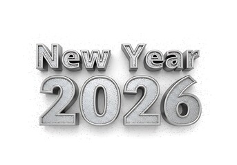 Silver, metallic "New Year 2026" text displayed against a white background, celebrating the upcoming year.