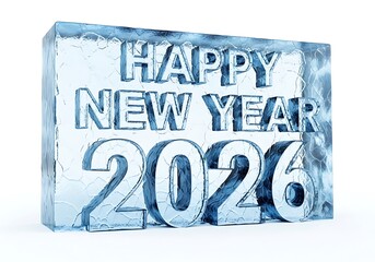 Happy New Year 2026 greeting carved into a large, rectangular block of textured, frozen blue ice.