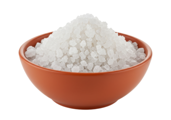 Isolated bowl of large crystal salt, culinary additive and seasoning for food preparation