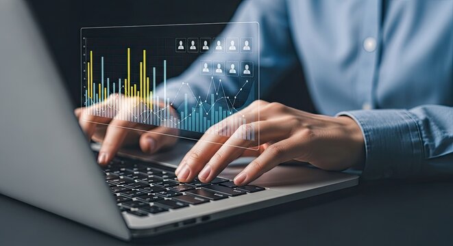 Businesswoman Typing on Laptop with Business Graph Overlayed on Screen Data