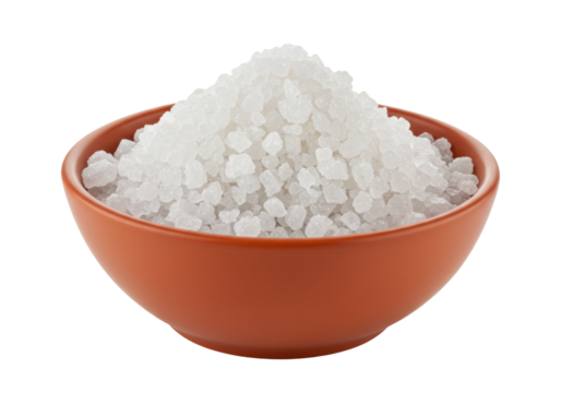 Isolated bowl of large crystal salt, culinary additive and seasoning for food preparation