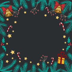 Dark Christmas background, Christmas tree with decorations, toys and gifts, white background under the text - Vector illustration