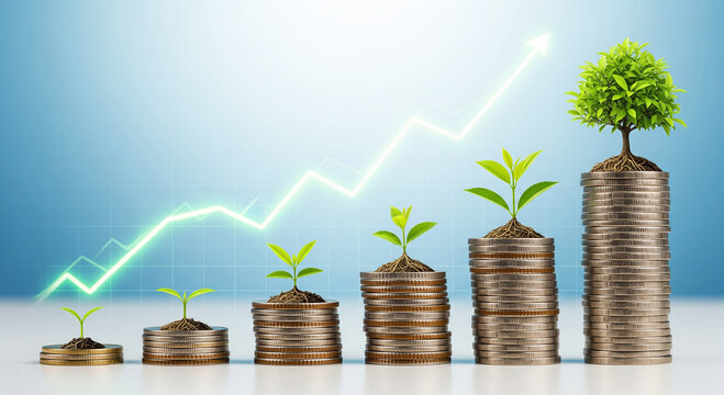 Stacks of coins with growing plants, symbolizing financial growth, investment success, and the power of compound interest