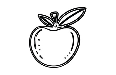 Illustration of a simple apple with leaves in black outline against a white plain background style drawing