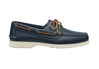 Isolated navy blue men's leather boat shoes with tan laces, fashion footwear for casual style