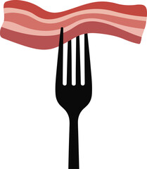 Crispy bacon strip on a black fork isolated on white