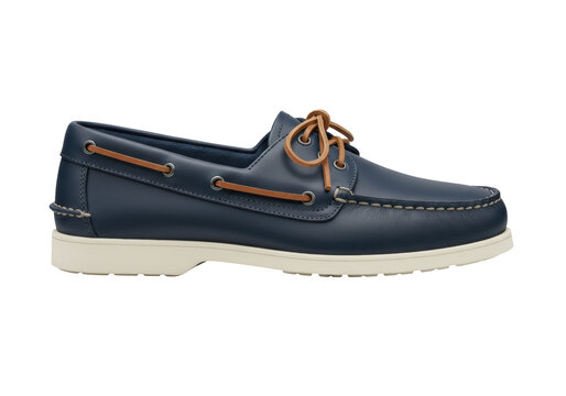 Isolated navy blue men's leather boat shoes with tan laces, fashion footwear for casual style