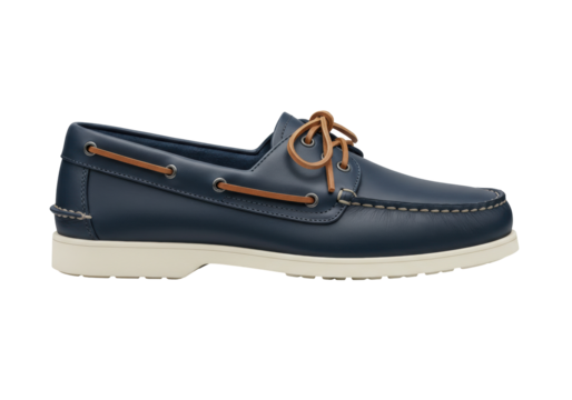 Isolated navy blue men's leather boat shoes with tan laces, fashion footwear for casual style - Powered by Adobe