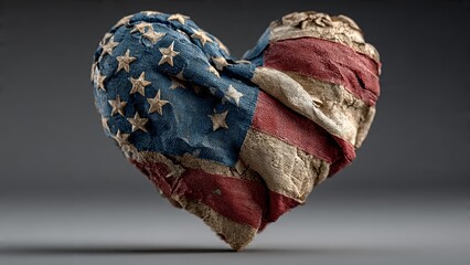 Aged American flag fabric fashioned into a heart shape showing wear and texture