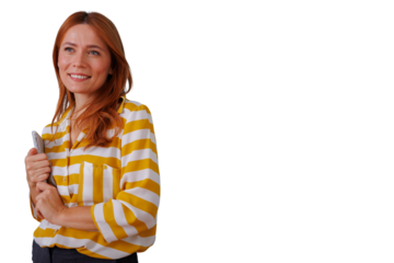 Confident businesswoman holding digital tablet, smiling and looking away, showcasing professionalism and innovation on transparent background