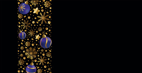 Happy New Year and Merry Christmas greeting card, holiday banner, web poster. Dark background with shining golden snowflakes and blue Christmas balls - Vector illustration