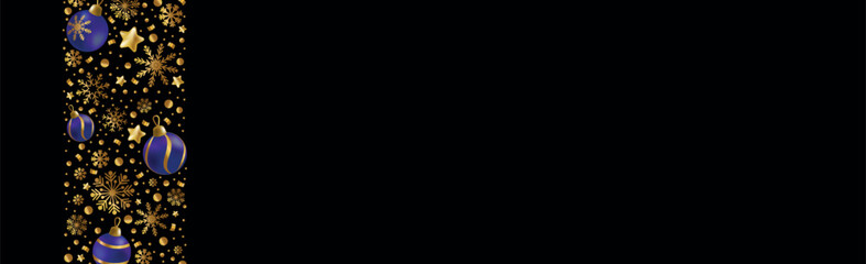 Happy New Year and Merry Christmas greeting card, holiday banner, web poster. Dark background with shining golden snowflakes and blue Christmas balls - Vector illustration