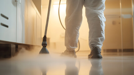 An individual in protective gear uses a steam cleaner to disinfect and sanitize a pristine, shiny floor in a modern indoor setting, ensuring cleanliness and hygiene for all.