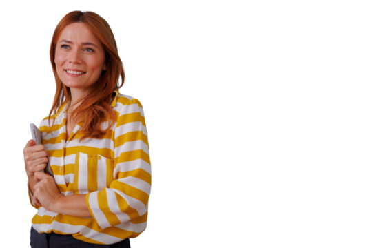 Confident businesswoman holding digital tablet, smiling and looking away, showcasing professionalism and innovation on transparent background