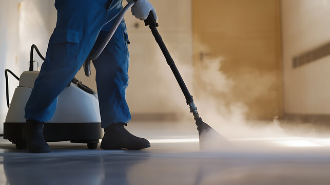 A worker steams the floor, using a steam cleaner for disinfection and hygiene. The vapor creates a clean environment. Floor cleaning with specialized machine.