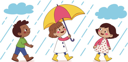 Three cartoon children, appearing to be around 6-8 years old, are depicted under the rain. The leftmost child is a boy with black hair, wearing a green shirt, blue shorts, and brown boots. He holds up