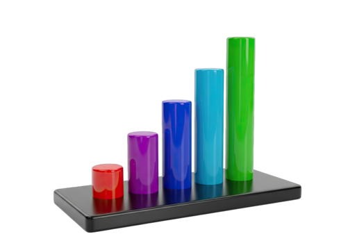 Colorful Glossy Cylinders on Black Base Showing an Upward Trend on Black Background