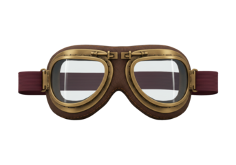 Isolated antique-style aviation goggles. Brown leather trim with brass details. Cool style