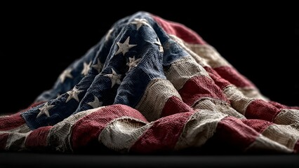 Close up abstract view of a crumpled vintage American flag with stars and stripes