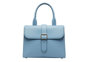 Isolated elegant light blue leather handbag with handle and silver buckle for women