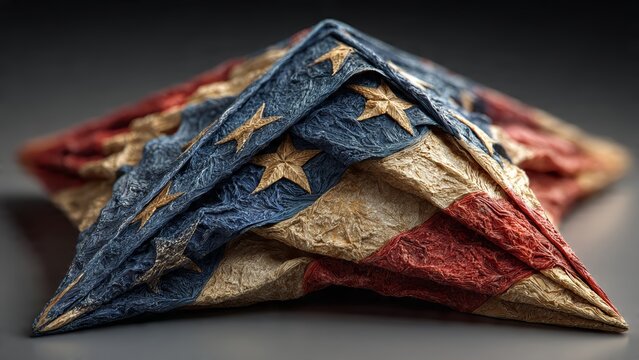 Textured American flag folds creating star and stripe pattern on gray background - Powered by Adobe