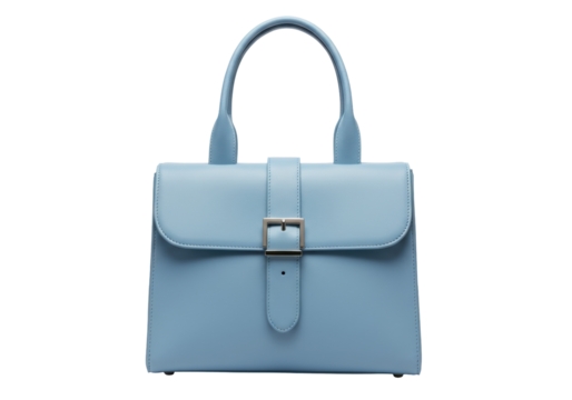 Isolated elegant light blue leather handbag with handle and silver buckle for women