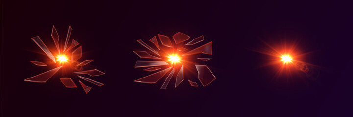 Red explosion effect of broken glass, flash of dust and stars