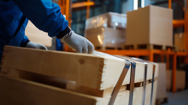 Warehouse worker in blue uniform securing wooden crates with straps in a warehouse setting, ensuring safe transportation and organization of goods for logistical operations.