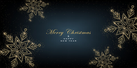 Greeting card with christmas  snowflakes made from gold glitter on black background.New year them. Vector illustration.