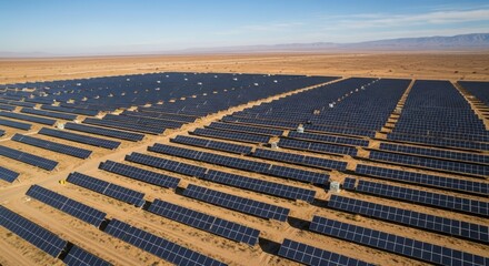 Expansive solar farm in a desert landscape, showcasing rows of photovoltaic panels under a clear blue sky, representing renewable energy and sustainability