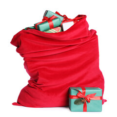 Red Santa Claus bag and Christmas gifts isolated on white