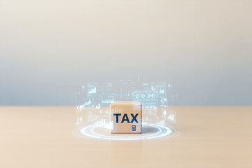 Tax cube surrounded by digital interface elements. Suitable for financial reports, tax software, digital tax services marketing materials.