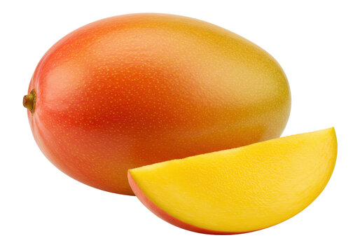 Isolated mango fruit with slice, fresh whole colorful mango, studio shot, cut slice present