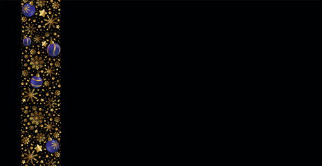 Happy New Year and Merry Christmas greeting card, holiday banner, web poster. Dark background with shining golden snowflakes and blue Christmas balls - Vector illustration