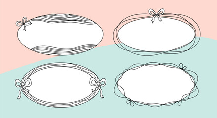 A set of four hand-drawn oval frames with decorative bows, presented on a gentle pastel background of pink and mint green, ideal for cute designs.