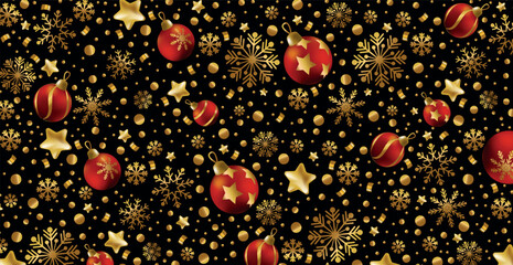 Happy New Year and Merry Christmas greeting card, holiday banner, web poster. Dark background with shining golden snowflakes and red Christmas balls - Vector illustration