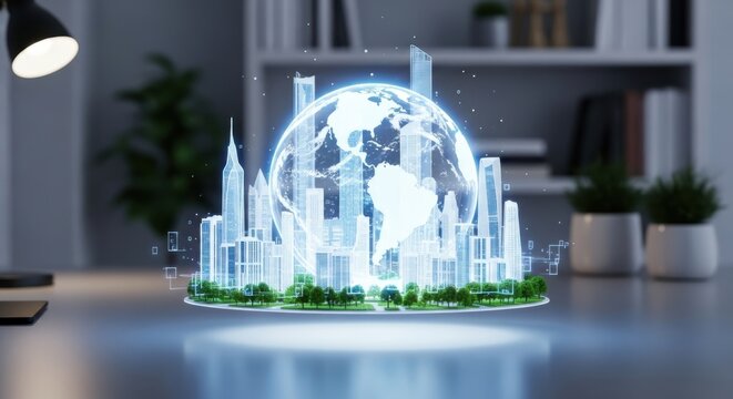Futuristic holographic cityscape with glowing earth hologram, representing global connectivity and smart city technology in a modern office setting