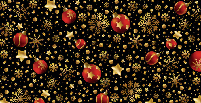 Happy New Year and Merry Christmas greeting card, holiday banner, web poster. Dark background with shining golden snowflakes and red Christmas balls - Vector illustration