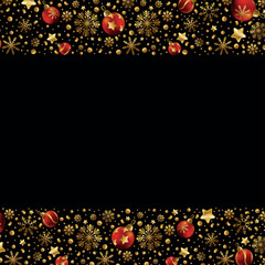 Happy New Year and Merry Christmas greeting card, holiday banner, web poster. Dark background with shining golden snowflakes and red Christmas balls - Vector illustration